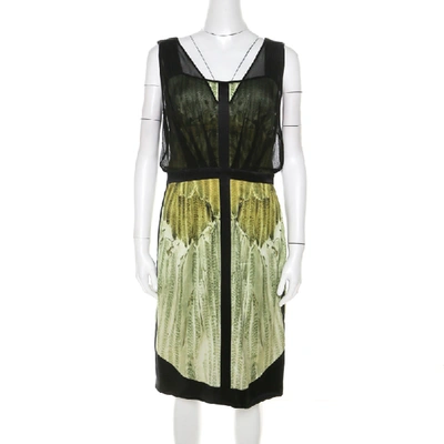 Pre-owned Narciso Rodriguez Green Satin And Black Mesh Overlay Sleeveless Dress M