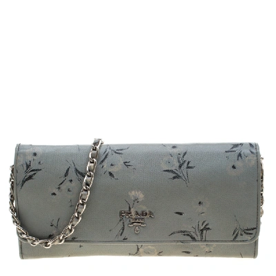 Pre-owned Prada Grey Saffiano Printed Leather Wallet On Chain