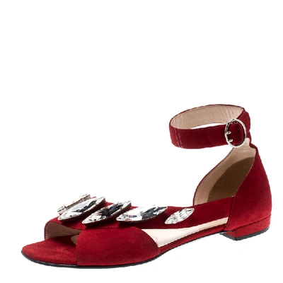 Pre-owned Prada Red Suede Crystal Embellished Ankle Strap Flat Sandals Size 37.5