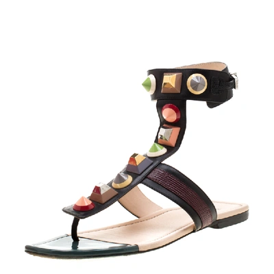 Pre-owned Fendi Multicolor Leather Studded Ankle Cuff Flat Sandals Size 39 In Black