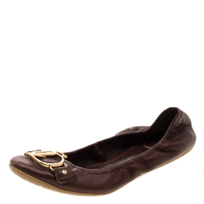 Pre-owned Dior Brown Leather Logo Scrunch Ballet Flats Size 35
