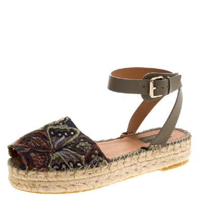 Pre-owned Valentino Garavani Olive Embroidered And Leather Ankle Strap Espadrille Sandals Size 40 In Green