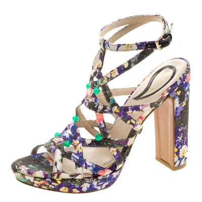 Pre-owned Etro Floral Printed Fabric Block Heel Strappy Sandals Size 40 In Multicolor