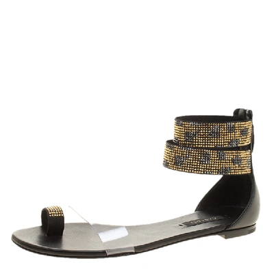 Pre-owned Casadei Two Tone Crystal Embellished Ankle Cuff And Pvc Vinil Flat Sandals Size 37 In Black