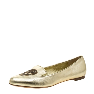Pre-owned Alexander Mcqueen Gold Leather Sequin Skull Ballet Loafer Flats Size 38