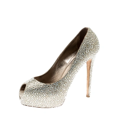 LE SILLA Pre-owned Metallic Gold Crystal Embellished Leather Peep Toe Platform Pumps Size 39