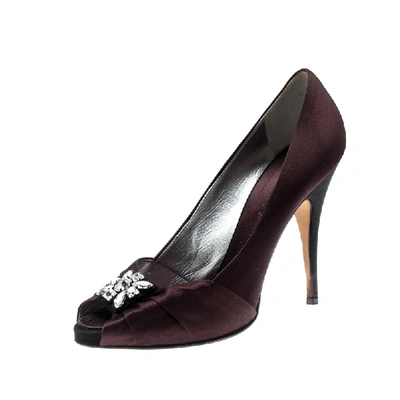 Pre-owned Giuseppe Zanotti Burgundy Satin Embellished Peep Toe Pumps Size 40