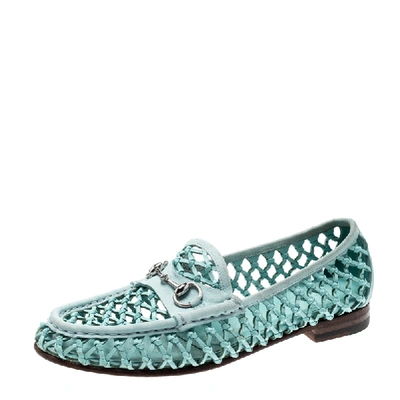 Pre-owned Gucci Blue Woven Leather Horsebit Slip On Loafers Size 37.5
