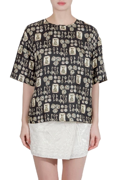 Pre-owned Dolce & Gabbana Black And Beige Dice Key Printed Silk Short Sleeve Top M