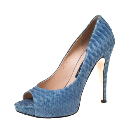 Pre-owned Gina Blue Python Leather Peep Toe Platform Pumps Size 37