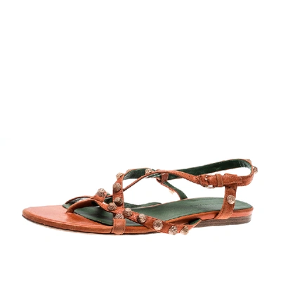 Pre-owned Balenciaga Orange Anthracite Lambskin Leather Arena Strappy Flat Thong Sandals Size 40