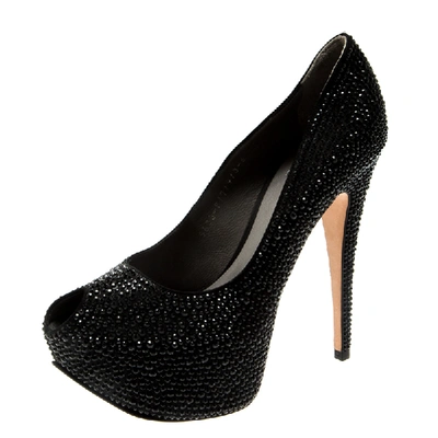 Pre-owned Gina Black Crystal Embellished Peep Toe Platform Pumps Size 39