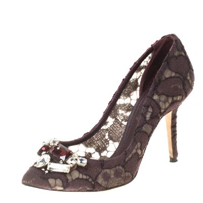Pre-owned Dolce & Gabbana Brown Lace Embellished Pumps Size 36