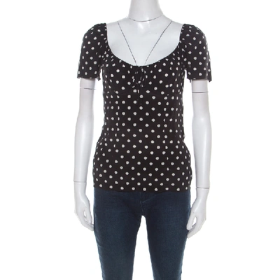 Pre-owned Dolce & Gabbana Black And White Polka Dot Printed Silk Bow Detail Top S