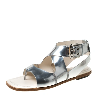 Pre-owned Tod's Metallic Silver Leather Cross Strap Flat Sandals Size 38.5