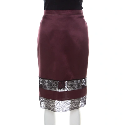 Pre-owned Givenchy Wine Satin Silk Lace Paneled Pencil Skirt M In Burgundy