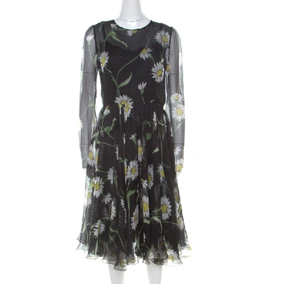 Pre-owned Dolce & Gabbana Black Sunflower Print Silk Gathered Midi Dress M