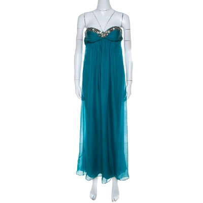 Pre-owned Temperley London Teal Blue Silk Chiffon Strapless Embellished Gown S