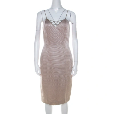 Pre-owned Versace Classic V2 Metallic Ribbed Rhinestone Strap Detail Cocktail Dress S