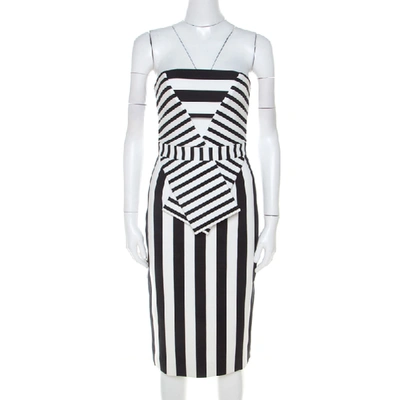 Pre-owned Cushnie Et Ochs Black And White Striped Neoprene Strapless Dress Xs