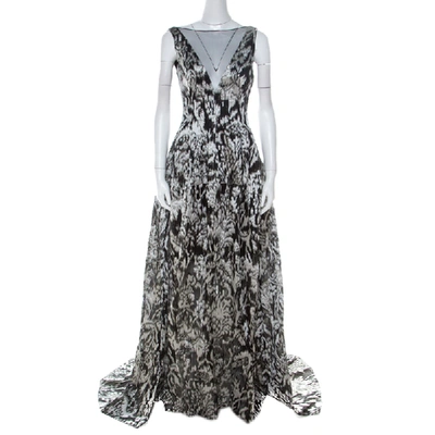 Pre-owned Lela Rose Monochrome Lurex Ikat Patterned Jacquard Sheer Yoke Sleeveless Gown Xs In Black