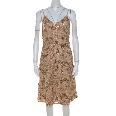 Pre-owned Mikael Aghal Gold Embellished Lace Cocktail Dress S