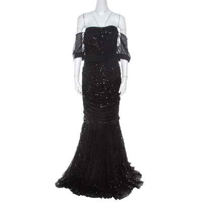 Pre-owned Dolce & Gabbana Black Embellished Tulle Ruched Off Shoulder Gown L