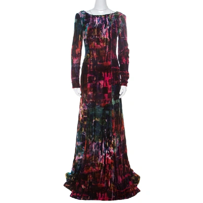 Pre-owned Erdem Multicolor Printed Velvet Slit Detail Daniella Gown S
