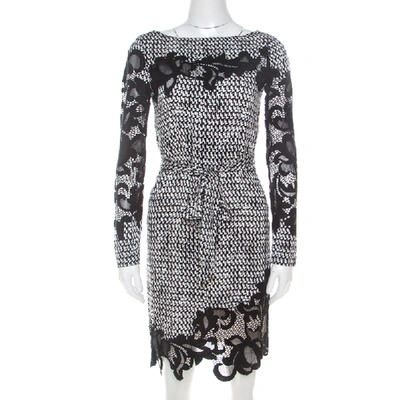 Pre-owned Diane Von Furstenberg Monochrome Geometric Print Silk Floral Lace Appliqué Ernestina Dress Xs In Black