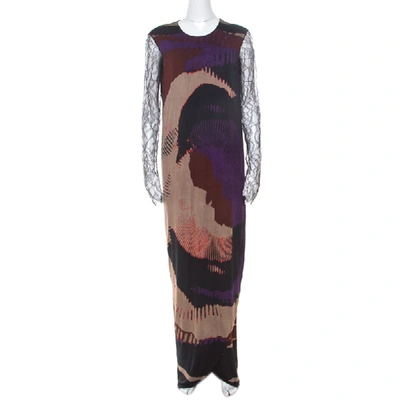 Pre-owned Etro Multicolor Printed Jersey Lace Sleeve Detail Maxi Dress L