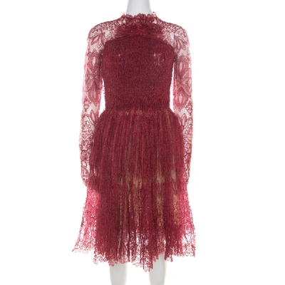 Pre-owned Ermanno Scervino Red Crinkled Tulle Lace Cocktail Dress S