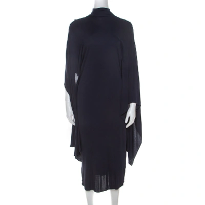 Pre-owned Roberto Cavalli Navy Blue Jersey Knit Cape Sleeve Dress L