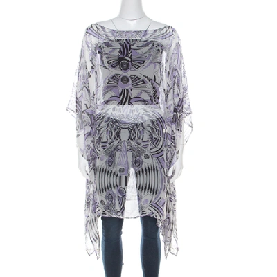 Pre-owned Versace White And Purple Fish Print Sheer Silk Kaftan Tunic Top M