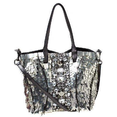 Pre-owned Valentino Garavani Black/silver Crystal Embellished Satin And Leather Tote