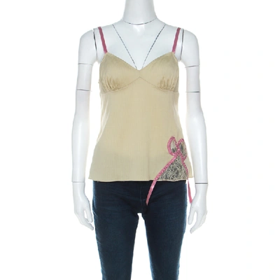 Pre-owned John Galliano Green Stretch Cotton And Lace Bow Detail Camisole Top M