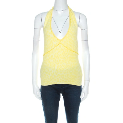 Pre-owned Blumarine Yellow Animal Patterned Jacquard Bead Embellished Backless Halter Top M