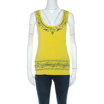 Pre-owned Alberta Ferretti Yellow Paisley Printed Cotton Sequin Detail Top L