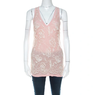 Pre-owned Emanuel Ungaro Pale Pink Floral Lace Overlay Tank Top L