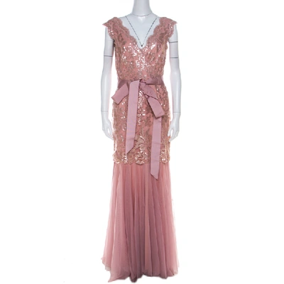 Pre-owned Tadashi Shoji Dusty Rose Sequin Embellished Scalloped Lace Detail Tulle Gown M In Pink