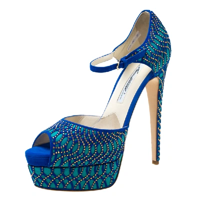Pre-owned Brian Atwood Blue Tribeca Laser Suede And Leather Mary Jane Platform Sandals Size 38.5