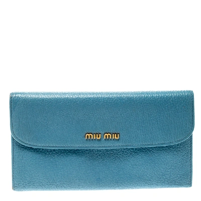 Pre-owned Miu Miu Blue Leather Madras Flap Wallet