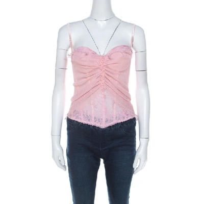 Pre-owned Ermanno Scervino Pink Pleated Silk Frayed Detail Ruffled Corset Top M