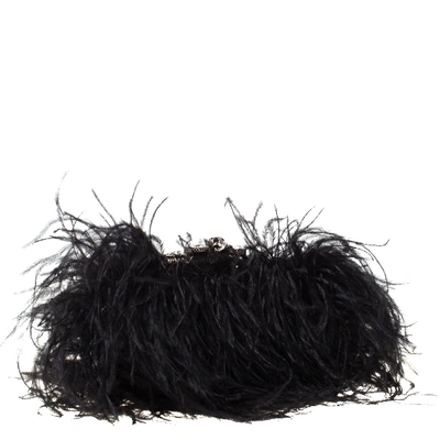 Pre-owned Alexander Mcqueen Black Ostrich Feather Knuckle Duster Clutch