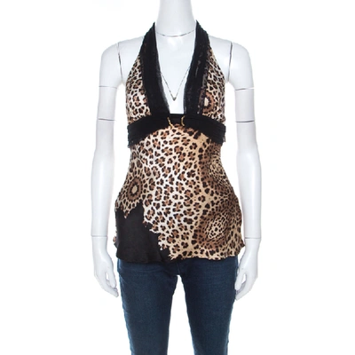 Pre-owned Roberto Cavalli Brown Cheetah Print Silk Tulle Trim Halter Top S