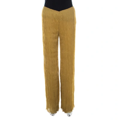 Pre-owned Alberta Ferretti Mustard Crinkled Chiffon Silk Palazzo Trousers S In Yellow