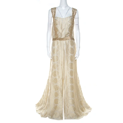 Pre-owned Saint Laurent White And Gold Sequin Embellished Silk And Linen Polka Dot Detail Gown L
