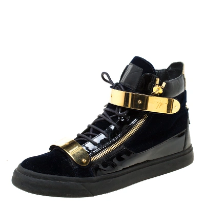 Pre-owned Giuseppe Zanotti Black/navy Blue Velvet And Patent Leather Coby High Top Trainers Size 44