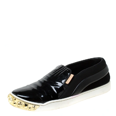 Pre-owned Louis Vuitton Black Patent Leather And Suede Studded Slip On Sneakers Size 36.5