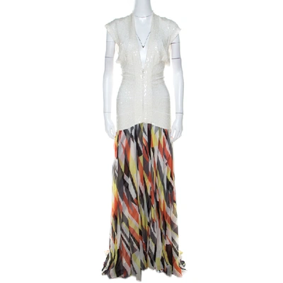 Pre-owned Herve Leger White Sequin Knit And Multicolor Printed Chiffon Backless Maxi Dress S