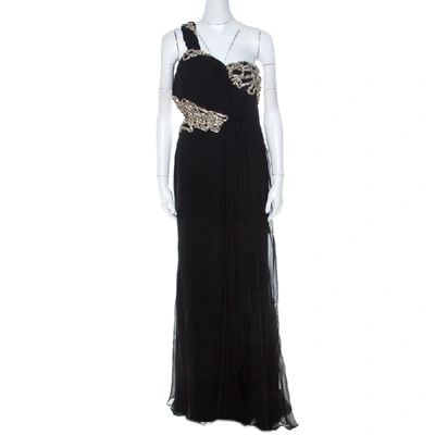 MARCHESA Pre-owned Black Silk Embellished Bodice Evening Gown M
